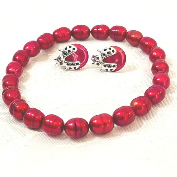 HONORA Sterling Silver Coin Pearl Ladybug EARRINGS BRACELET Stud Cultured Pearls - Picture 2 of 10